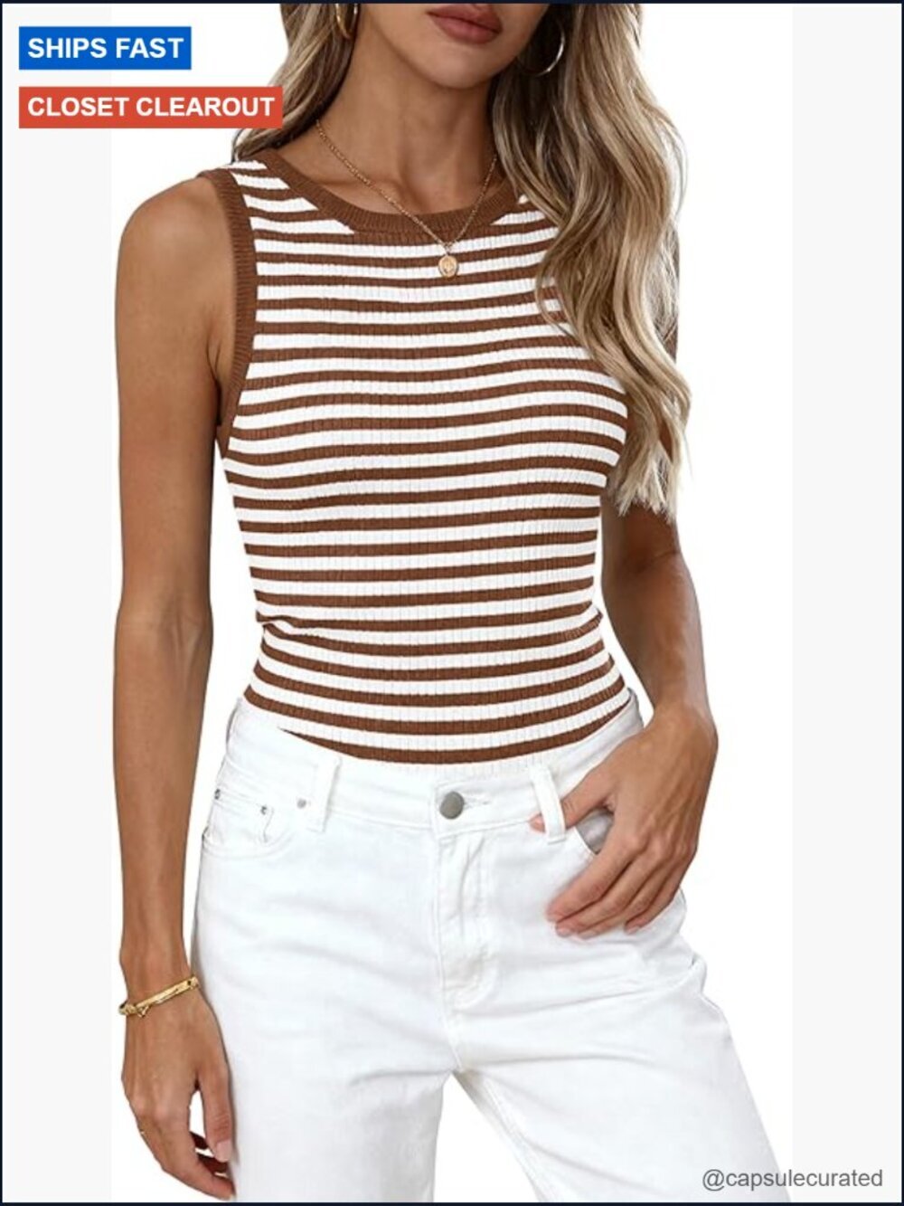 High Neck Striped Tank Top Sleeveless Ribbed Knit Slim Fit T-Shirt